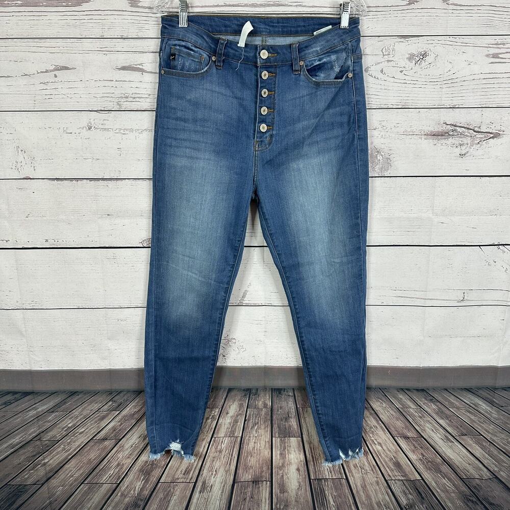Kancan Jeans Womens 29 Blue Exposed Button Fly High Waisted Stretch Frayed
